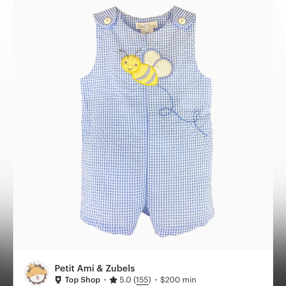 Petit Ami Blue and Yellow Gingham Bee One-Piece